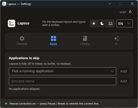 Apps: programs where Lapsus stays inactive.