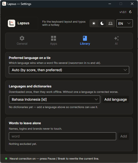 Library: 33 downloadable dictionaries and a preferred language for ambiguous cases.